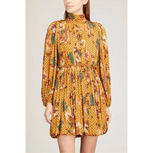Ulla Johnson Wilhemina Mockneck Long Sleeve Dress Amber Floral Leaf Medium NWT